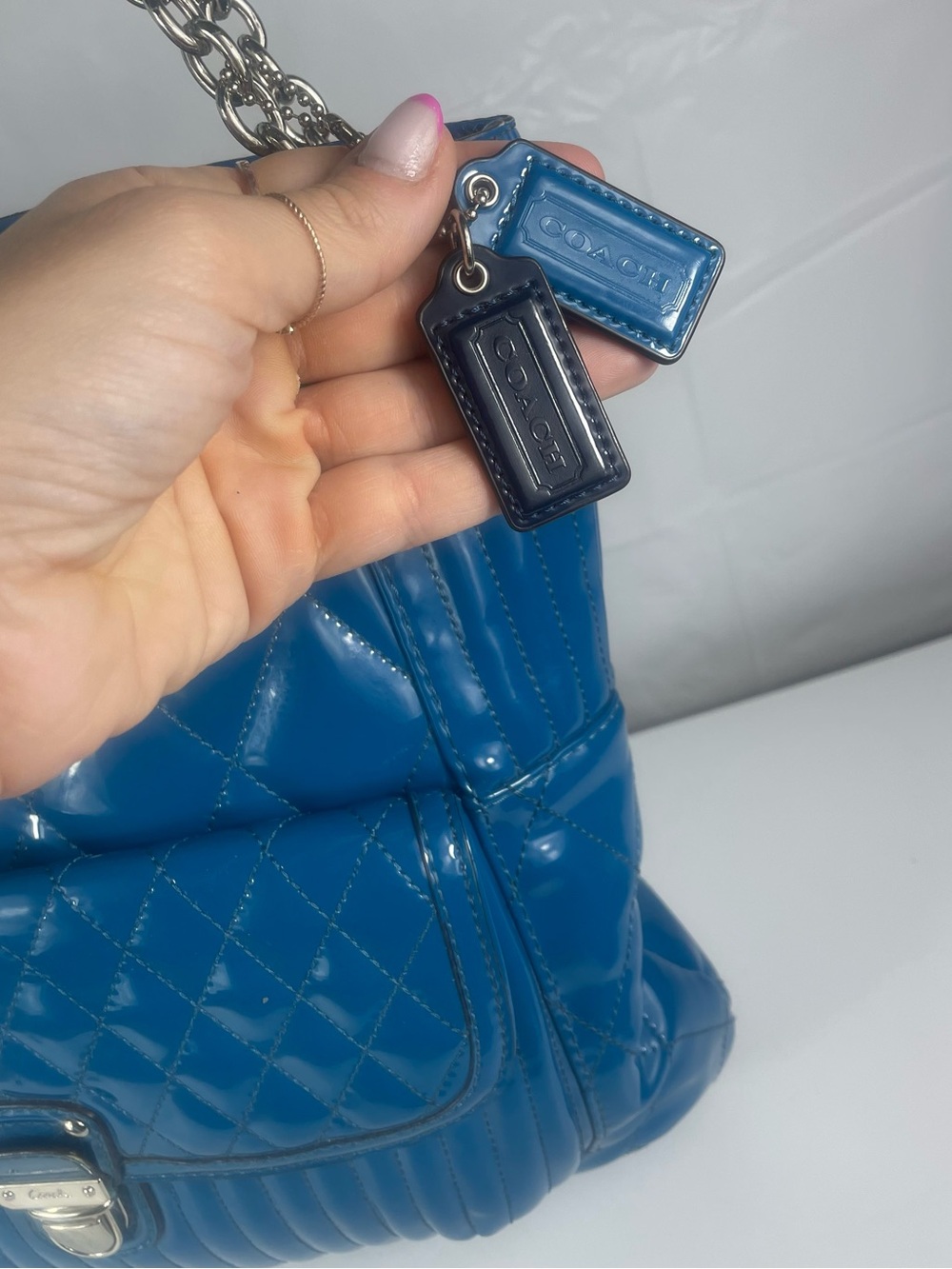 Coach Poppy Liquid Gloss Rare Teal Patent Leather Quilted Bag Y2K - Picture 8 of 14